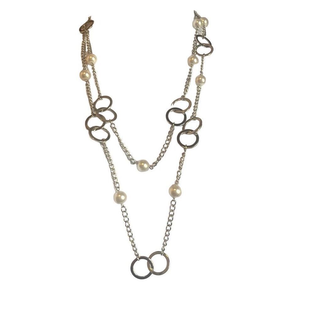 Lia Sophia‎ Silver Circle Pearl Long Wrap Fashion Necklace Adjustable Closure